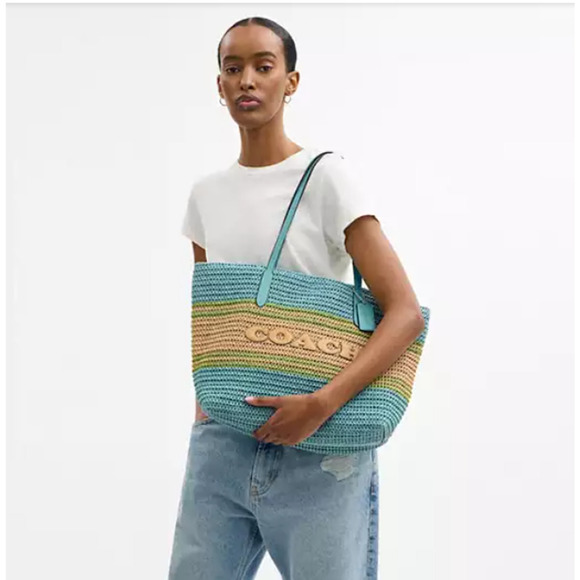 COACH City Tote Bag In Straw/Light Turquoise Multi CBG87 NWT - Picture 4 of 6